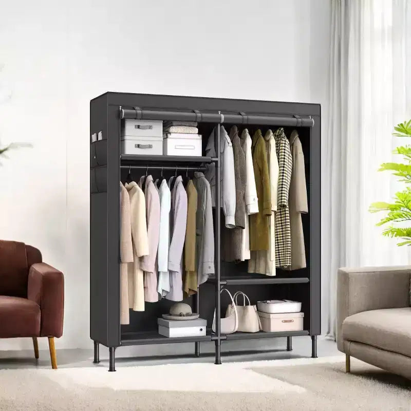 LEDREM Organiseur de placard portable autoportant, placard de rangement robuste de 165 cm avec housse, 2 tringles de suspension, 3 étagères, 4 poches latérales