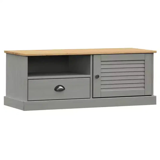 vidaXL Solid Pine Wood Entertainment Center VIGO - Gray TV Stand with Drawer, Metal Accents, 41.7x15.7x15.7 Inches, Ideal for Living Room and Bedroom