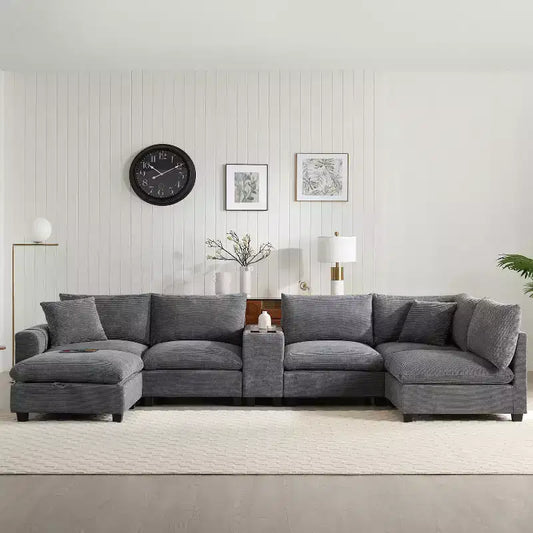 Whisen Modern Chenille 4-seat Sectional Sofa with Ottoman, L-Shaped Cloud Couch Set with Throw Pillows