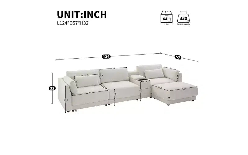 Canapé d'angle modulaire Whisen avec console de rangement et pouf mobile, assise large de 33 pouces, canapé d'angle 4 places en chenille