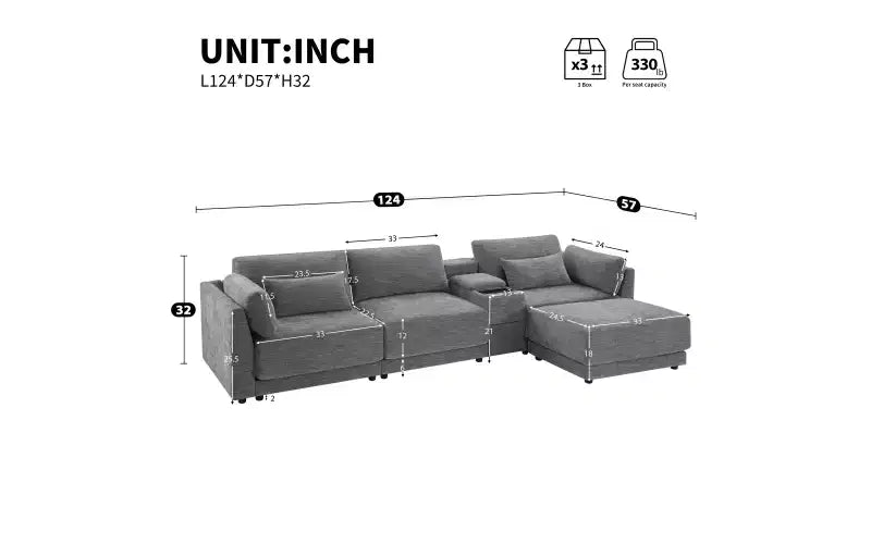 Canapé d'angle modulaire Whisen avec console de rangement et pouf mobile, assise large de 33 pouces, canapé d'angle 4 places en chenille