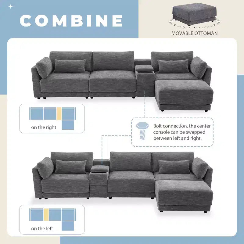 Canapé d'angle modulaire Whisen avec console de rangement et pouf mobile, assise large de 33 pouces, canapé d'angle 4 places en chenille