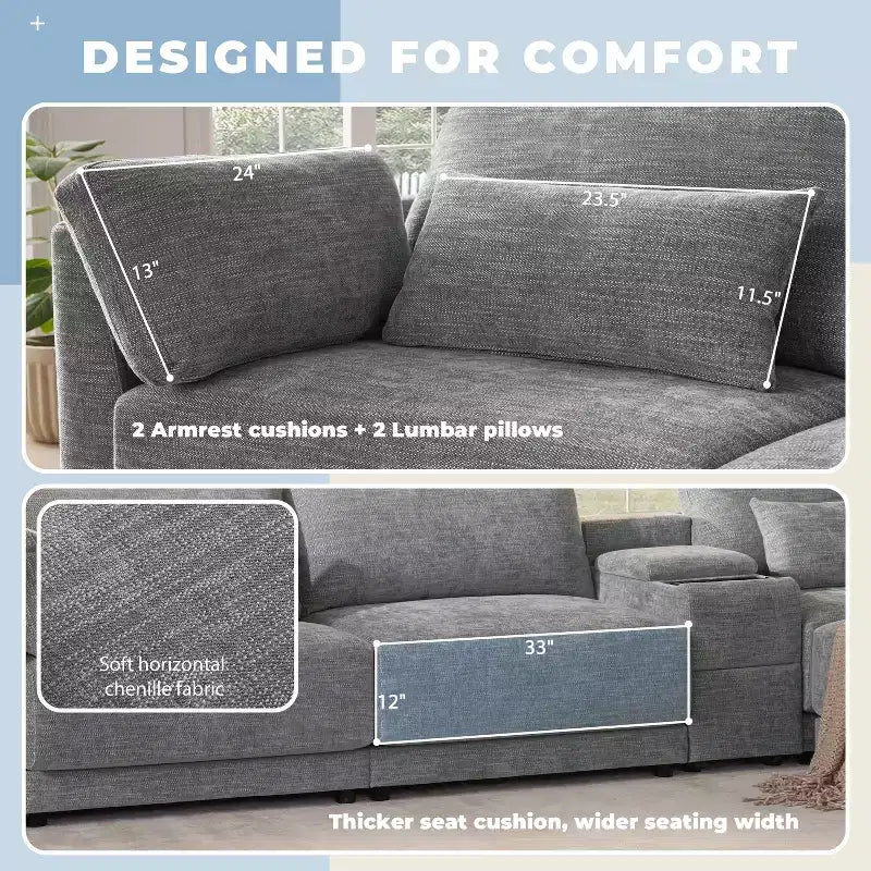 Canapé d'angle modulaire Whisen avec console de rangement et pouf mobile, assise large de 33 pouces, canapé d'angle 4 places en chenille