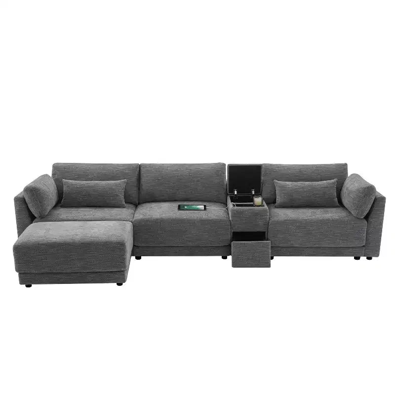Canapé d'angle modulaire Whisen avec console de rangement et pouf mobile, assise large de 33 pouces, canapé d'angle 4 places en chenille