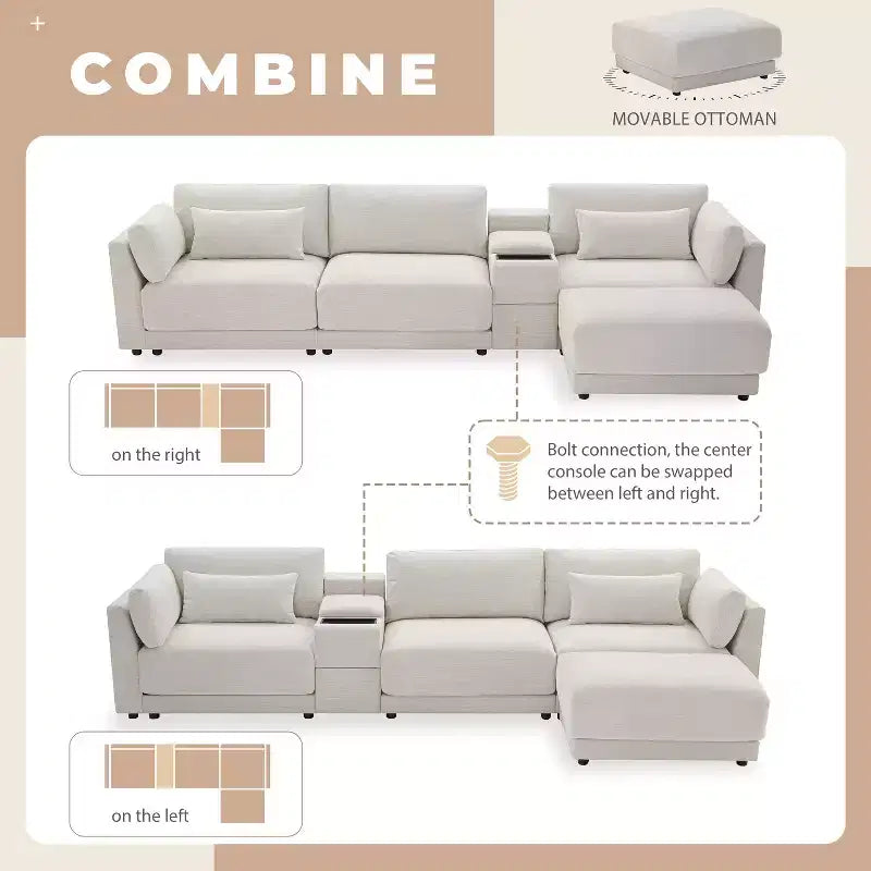 Canapé d'angle modulaire Whisen avec console de rangement et pouf mobile, assise large de 33 pouces, canapé d'angle 4 places en chenille