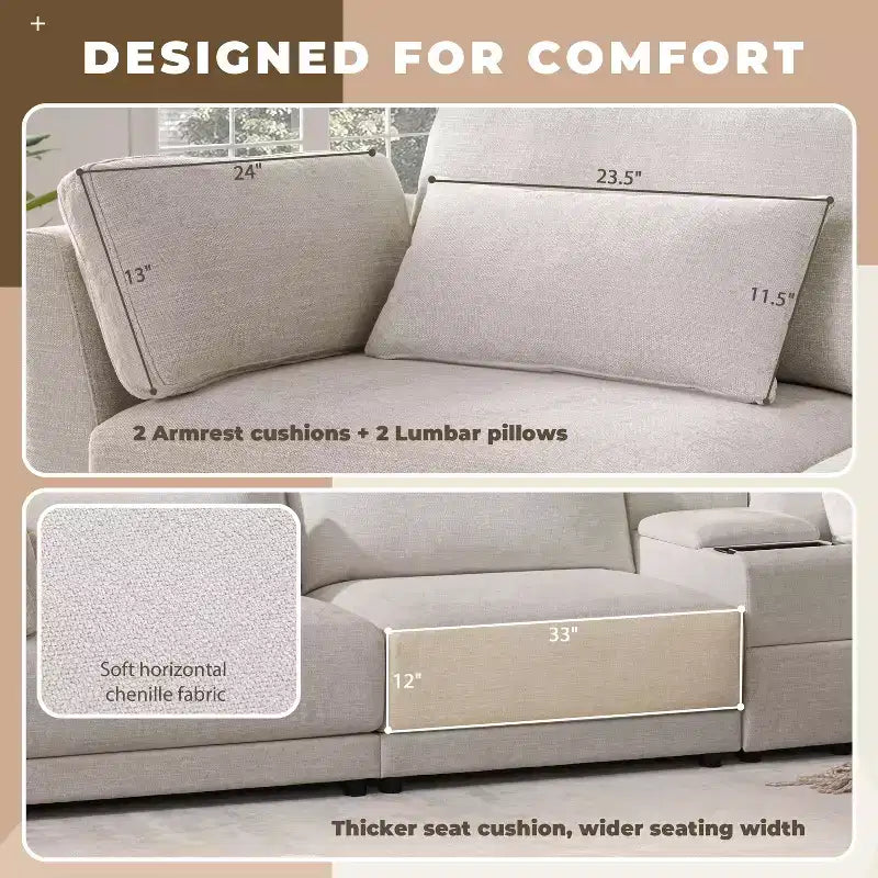 Canapé d'angle modulaire Whisen avec console de rangement et pouf mobile, assise large de 33 pouces, canapé d'angle 4 places en chenille