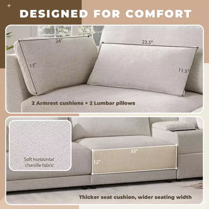 Canapé d'angle modulaire Whisen avec console de rangement et pouf mobile, assise large de 33 pouces, canapé d'angle 4 places en chenille
