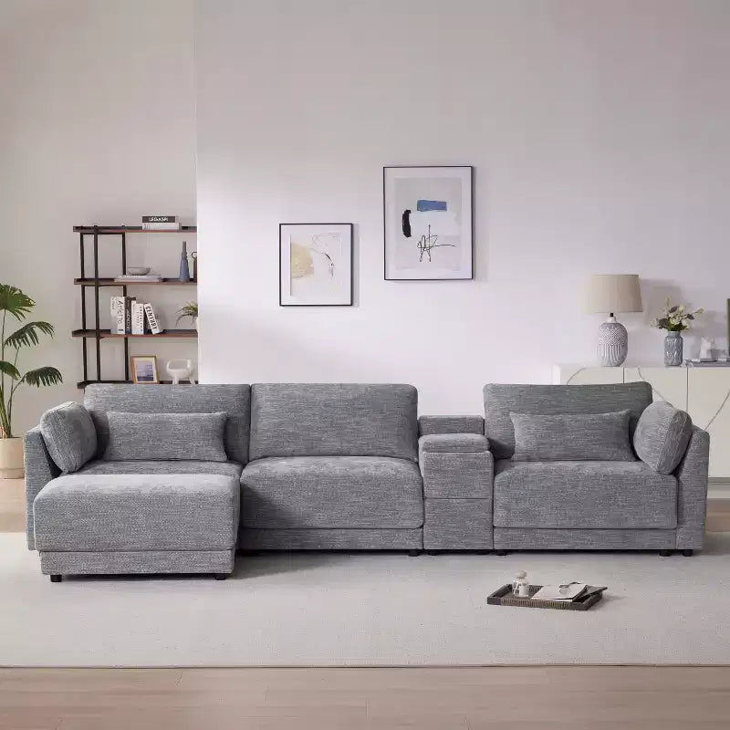 Canapé d'angle modulaire Whisen avec console de rangement et pouf mobile, assise large de 33 pouces, canapé d'angle 4 places en chenille