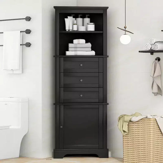 Whisen Triangle Bathroom Storage Cabinet Corner Cabinet with 3 Drawers and Adjustable Shelves