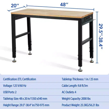 Établi réglable, capacité de charge de 907 kg, hauteur réglable de 75 à 97,5 cm, idéal pour les travaux lourds à la maison, au bureau et à l'atelier