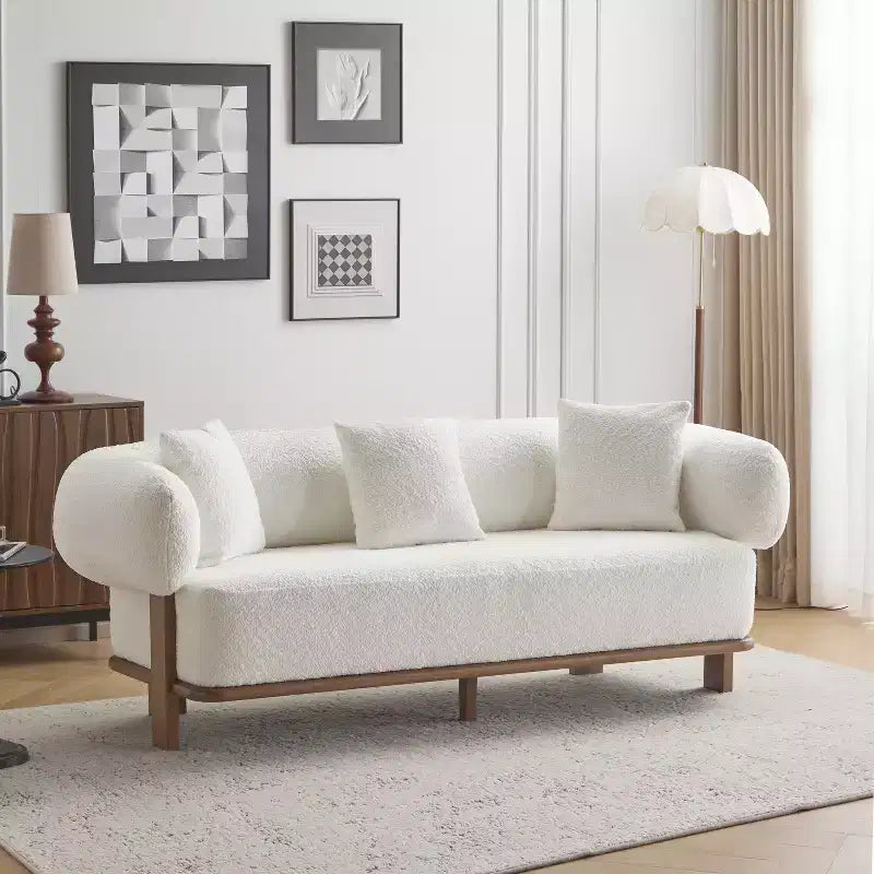 Christopher Knight Home Tadg 82 Rubberwood Boucle Upholstered 3 Seater Curved Sofa with 3 Pillows and Round Arm