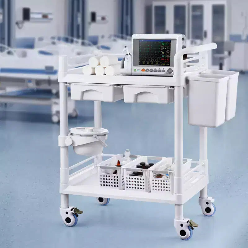 Chariots de laboratoire VEVOR à 2 niveaux, Chariot de service de laboratoire avec 2 plateaux, 2 tiroirs et 4 roues silencieuses, Chariot médical mobile en PP, Chariot de laboratoire roulant