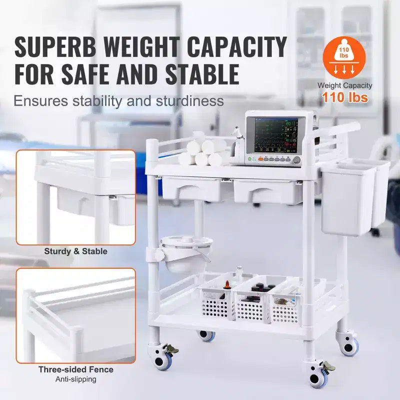 Chariots de laboratoire VEVOR à 2 niveaux, Chariot de service de laboratoire avec 2 plateaux, 2 tiroirs et 4 roues silencieuses, Chariot médical mobile en PP, Chariot de laboratoire roulant
