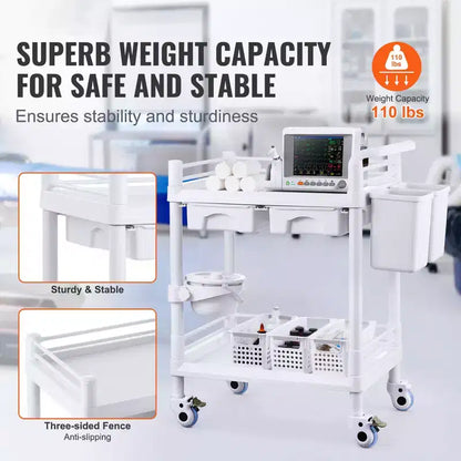 Chariots de laboratoire VEVOR à 2 niveaux, Chariot de service de laboratoire avec 2 plateaux, 2 tiroirs et 4 roues silencieuses, Chariot médical mobile en PP, Chariot de laboratoire roulant