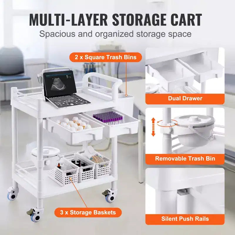 Chariots de laboratoire VEVOR à 2 niveaux, Chariot de service de laboratoire avec 2 plateaux, 2 tiroirs et 4 roues silencieuses, Chariot médical mobile en PP, Chariot de laboratoire roulant