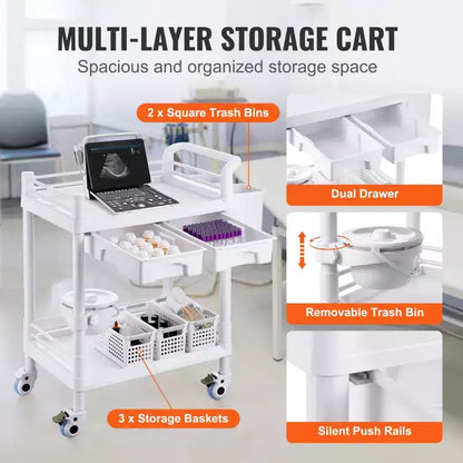 Chariots de laboratoire VEVOR à 2 niveaux, Chariot de service de laboratoire avec 2 plateaux, 2 tiroirs et 4 roues silencieuses, Chariot médical mobile en PP, Chariot de laboratoire roulant