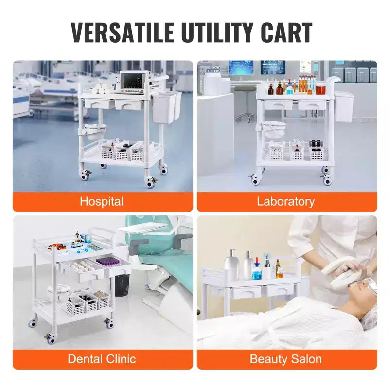 Chariots de laboratoire VEVOR à 2 niveaux, Chariot de service de laboratoire avec 2 plateaux, 2 tiroirs et 4 roues silencieuses, Chariot médical mobile en PP, Chariot de laboratoire roulant