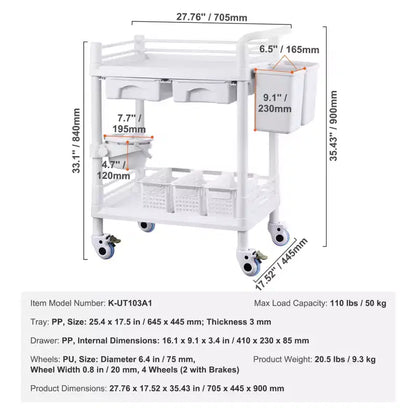 Chariots de laboratoire VEVOR à 2 niveaux, Chariot de service de laboratoire avec 2 plateaux, 2 tiroirs et 4 roues silencieuses, Chariot médical mobile en PP, Chariot de laboratoire roulant