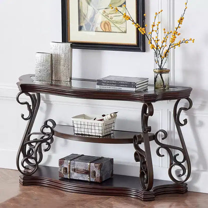 GDFStudio Shirley Traditional 2-Tier Glass and Wood Console Table with Marble Shelf
