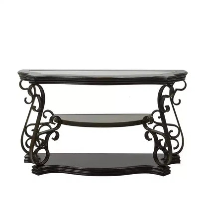 Console de salon GDFStudio Shirley traditionnelle à 2 niveaux en verre et bois avec étagère en marbre