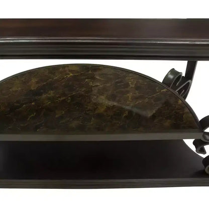 Console de salon GDFStudio Shirley traditionnelle à 2 niveaux en verre et bois avec étagère en marbre