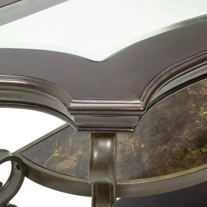 Console de salon GDFStudio Shirley traditionnelle à 2 niveaux en verre et bois avec étagère en marbre