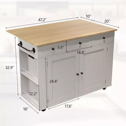 Îlot de cuisine roulant avec comptoir rabattable, station de recharge et grand espace de rangement, chariot de cuisine mobile sur roulettes avec étagères coulissantes