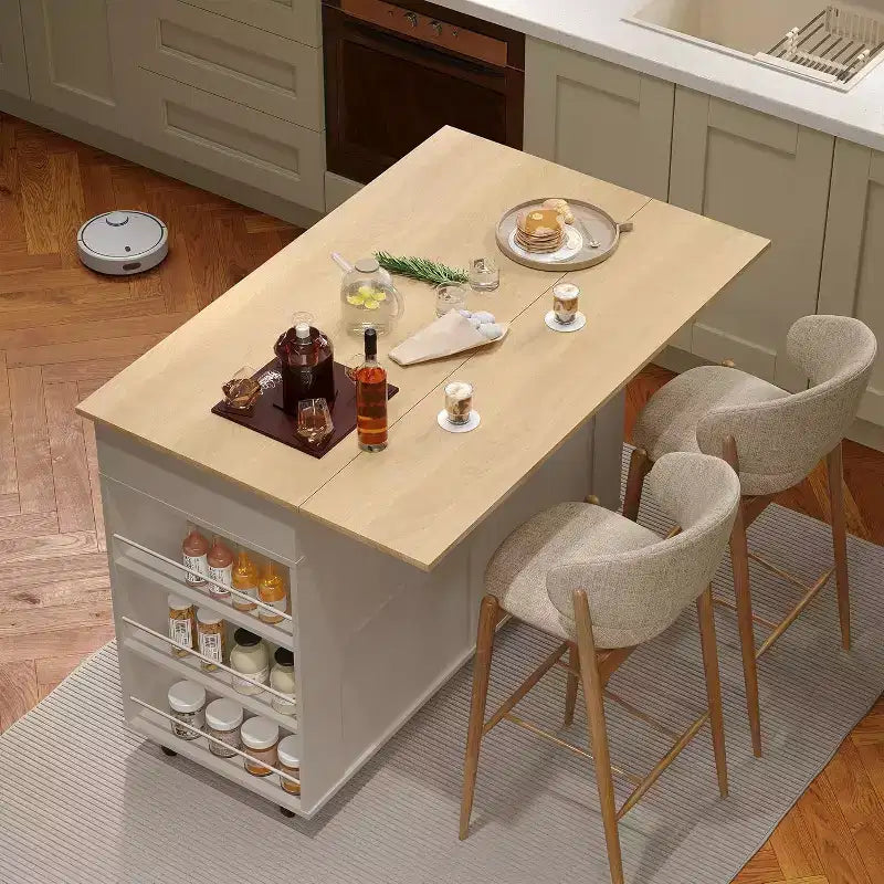 Îlot de cuisine roulant avec comptoir rabattable, station de recharge et grand espace de rangement, chariot de cuisine mobile sur roulettes avec étagères coulissantes