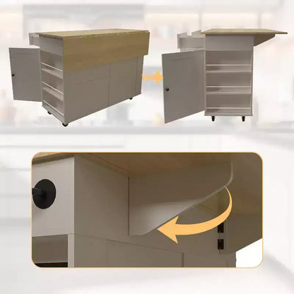 Îlot de cuisine roulant avec comptoir rabattable, station de recharge et grand espace de rangement, chariot de cuisine mobile sur roulettes avec étagères coulissantes