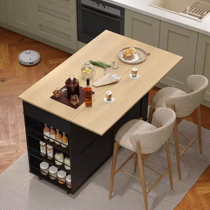 Îlot de cuisine roulant avec comptoir rabattable, station de recharge et grand espace de rangement, chariot de cuisine mobile sur roulettes avec étagères coulissantes