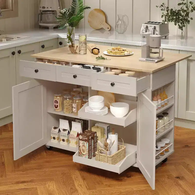 Îlot de cuisine roulant avec comptoir rabattable, station de recharge et grand espace de rangement, chariot de cuisine mobile sur roulettes avec étagères coulissantes