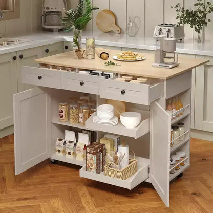 Îlot de cuisine roulant avec comptoir rabattable, station de recharge et grand espace de rangement, chariot de cuisine mobile sur roulettes avec étagères coulissantes
