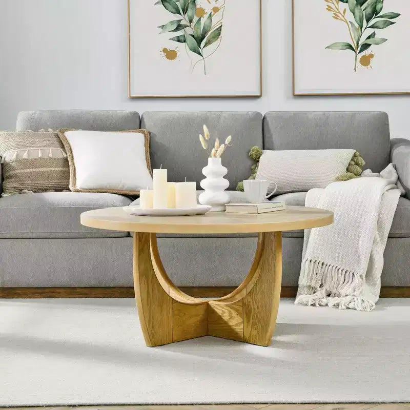 36 Inch Round Coffee Table, Mid Century Modern Cocktail Table with Circle Tabletop, Wood Grain Side Table for Home Office