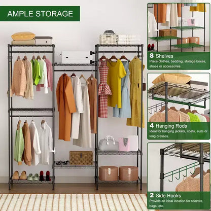 Acekool Organisateur de placard portable avec 4 tringles à vêtements réglables et 8 étagères, Portant à vêtements en métal pour chambre à coucher, 67x17.7