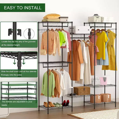 Acekool Organisateur de placard portable avec 4 tringles à vêtements réglables et 8 étagères, Portant à vêtements en métal pour chambre à coucher, 67x17.7