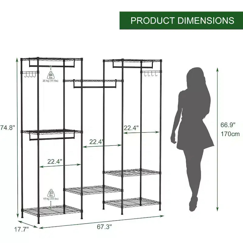 Acekool Organisateur de placard portable avec 4 tringles à vêtements réglables et 8 étagères, Portant à vêtements en métal pour chambre à coucher, 67x17.7