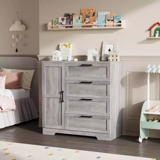 Wood Armoire Wardrobe Closet with 4 Drawers and Door, 43.3 H Bedroom Wardrobe Cabinet with Hanging Rod, Clothing Storage Cabinets