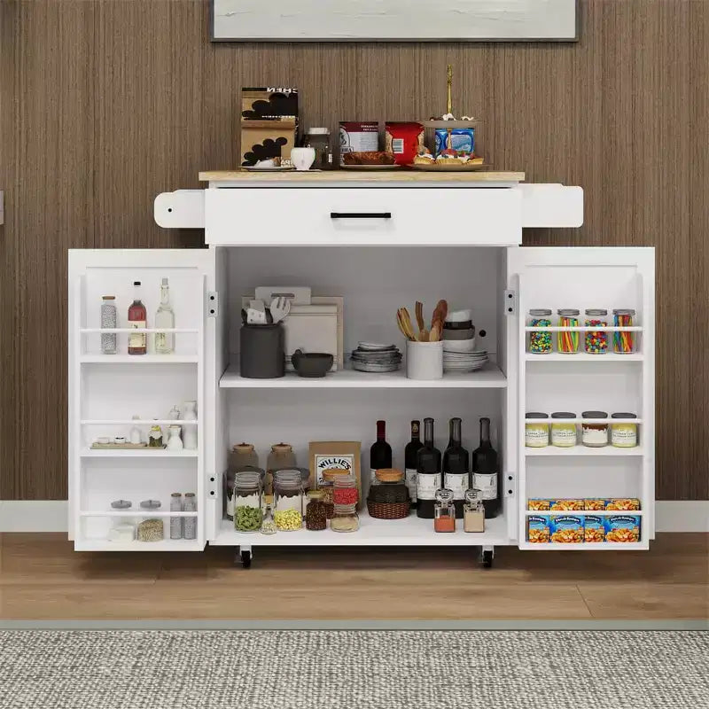 Kitchen Island Rolling Cart with Worktop, Spice Rack, Towel Rack & Drawer, Mobile Trolley Storage Cart for Kitchen Dining Room