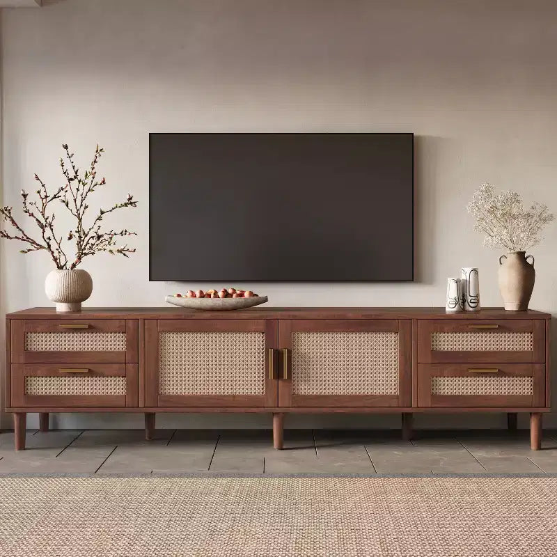 78 TV Stand for TVs up to 85, Media Console Cabinet with 4 Drawers & Rattan Doors, Modern Entertainment Center, Walnut - ModernLuxe