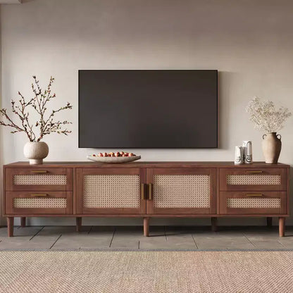 78 TV Stand for TVs up to 85, Media Console Cabinet with 4 Drawers & Rattan Doors, Modern Entertainment Center, Walnut - ModernLuxe