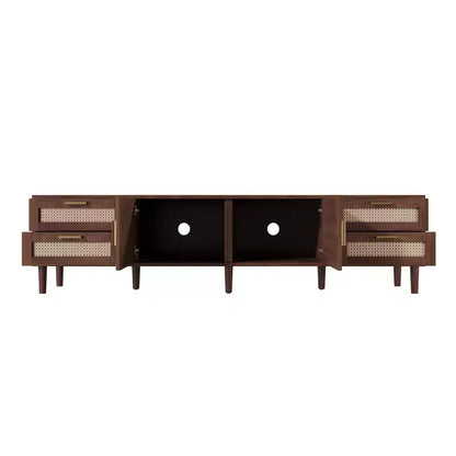 Meuble TV 78 po pour téléviseurs jusqu'à 85 po, Console multimédia avec 4 tiroirs et portes en rotin, Centre de divertissement moderne, Noyer - ModernLuxe