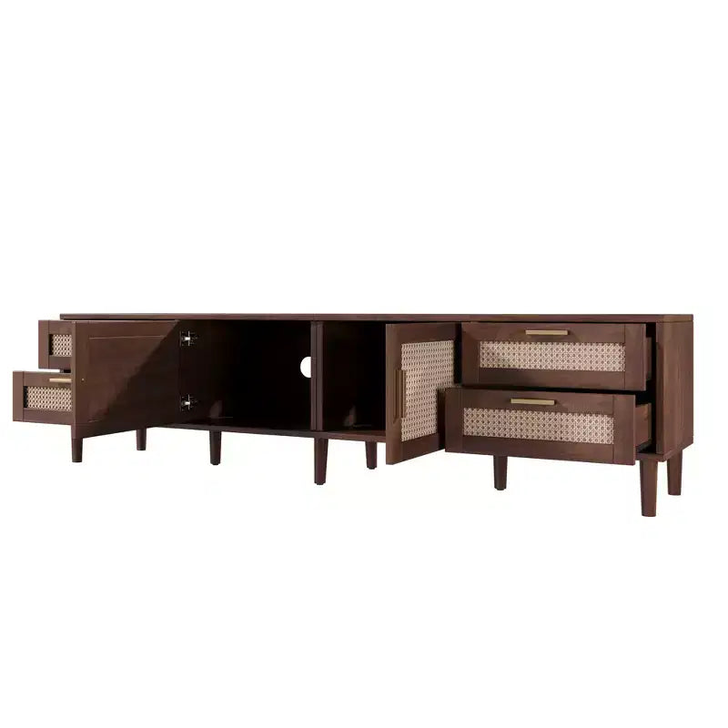 Meuble TV 78 po pour téléviseurs jusqu'à 85 po, Console multimédia avec 4 tiroirs et portes en rotin, Centre de divertissement moderne, Noyer - ModernLuxe