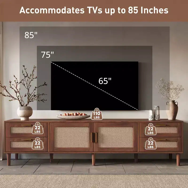 Meuble TV 78 po pour téléviseurs jusqu'à 85 po, Console multimédia avec 4 tiroirs et portes en rotin, Centre de divertissement moderne, Noyer - ModernLuxe