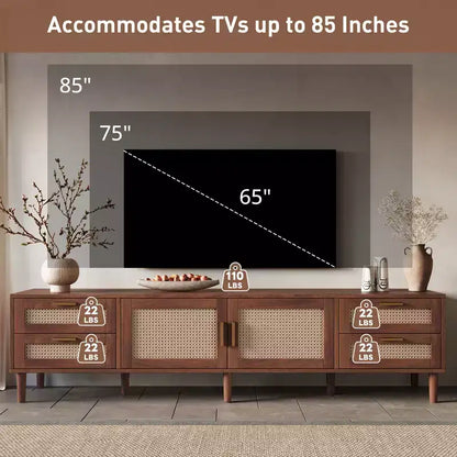 Meuble TV 78 po pour téléviseurs jusqu'à 85 po, Console multimédia avec 4 tiroirs et portes en rotin, Centre de divertissement moderne, Noyer - ModernLuxe