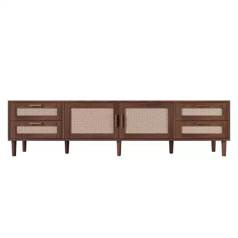Meuble TV 78 po pour téléviseurs jusqu'à 85 po, Console multimédia avec 4 tiroirs et portes en rotin, Centre de divertissement moderne, Noyer - ModernLuxe