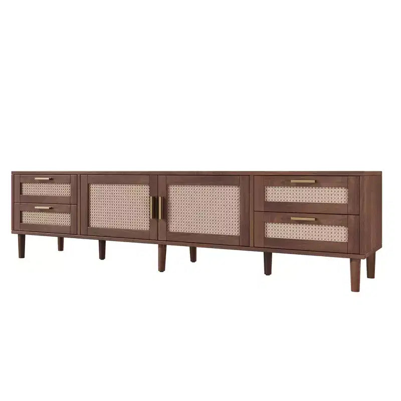 Meuble TV 78 po pour téléviseurs jusqu'à 85 po, Console multimédia avec 4 tiroirs et portes en rotin, Centre de divertissement moderne, Noyer - ModernLuxe