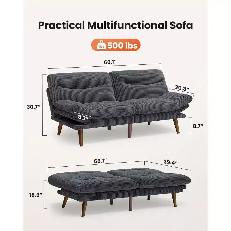 66 Canapé convertible en velours côtelé avec dossier et accoudoirs réglables, pour petits espaces, salon, appartement, chambre d'amis ou bureau, gris