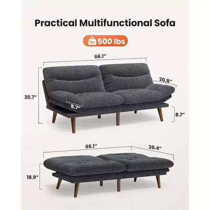 66 Canapé convertible en velours côtelé avec dossier et accoudoirs réglables, pour petits espaces, salon, appartement, chambre d'amis ou bureau, gris