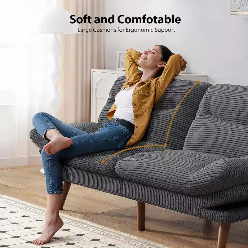 66 Canapé convertible en velours côtelé avec dossier et accoudoirs réglables, pour petits espaces, salon, appartement, chambre d'amis ou bureau, gris
