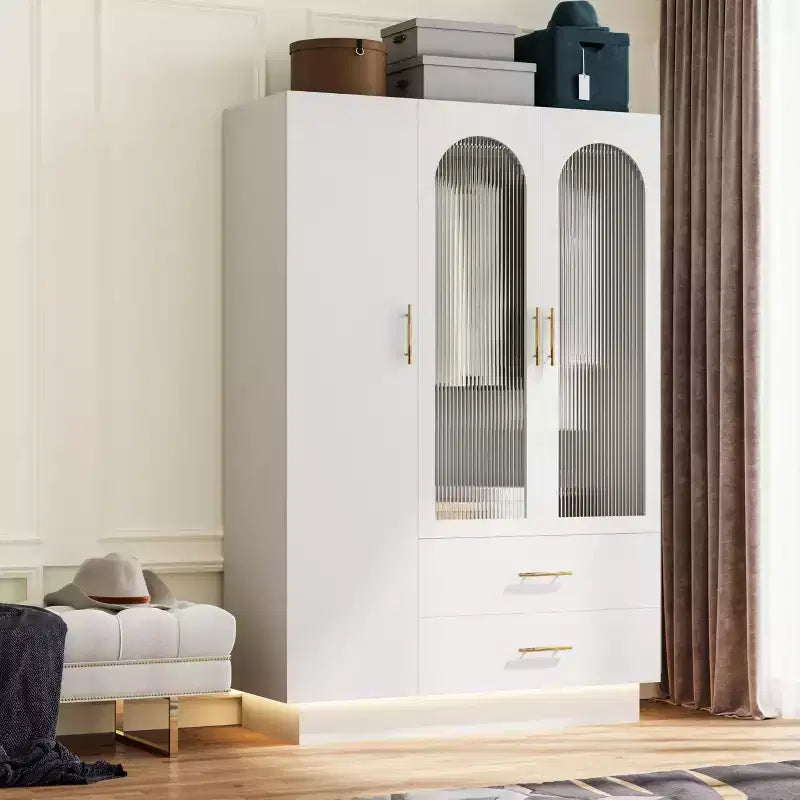 COZONY 71 White Bedroom Armoire, Wardrobe Closet with Fluted Glass Doors, Hanging Rod and Drawers